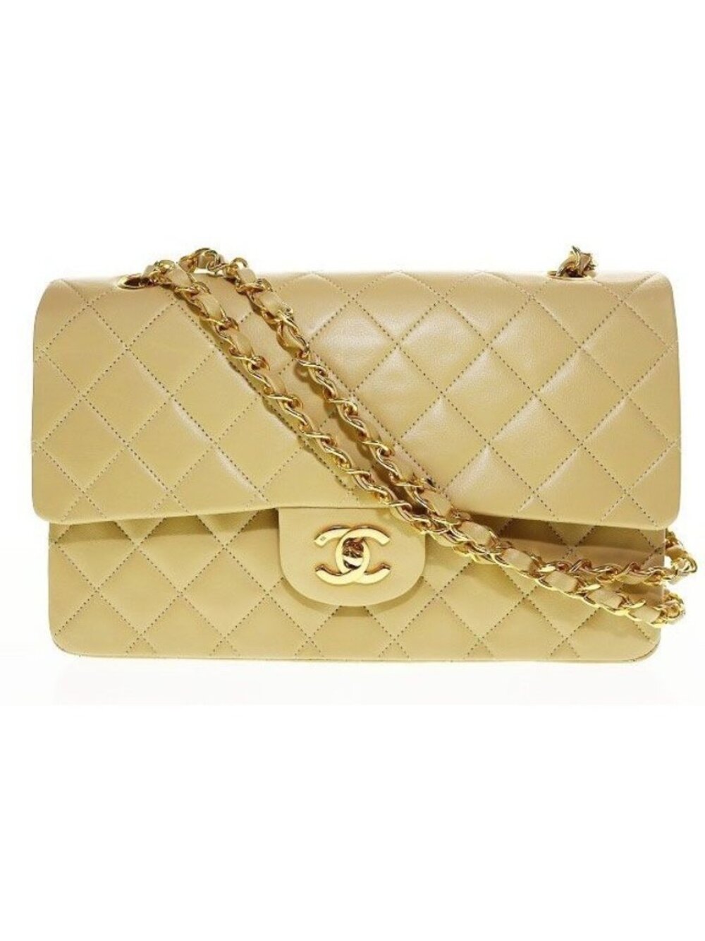 Chanel Quilted Lambskin Double Flap Chain Handbag Beige Gold Aa